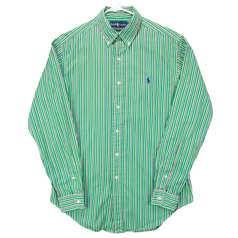 VTG Polo Ralph Lauren Mens Medium Green Stripe Classic‎ Fit LS Shirt